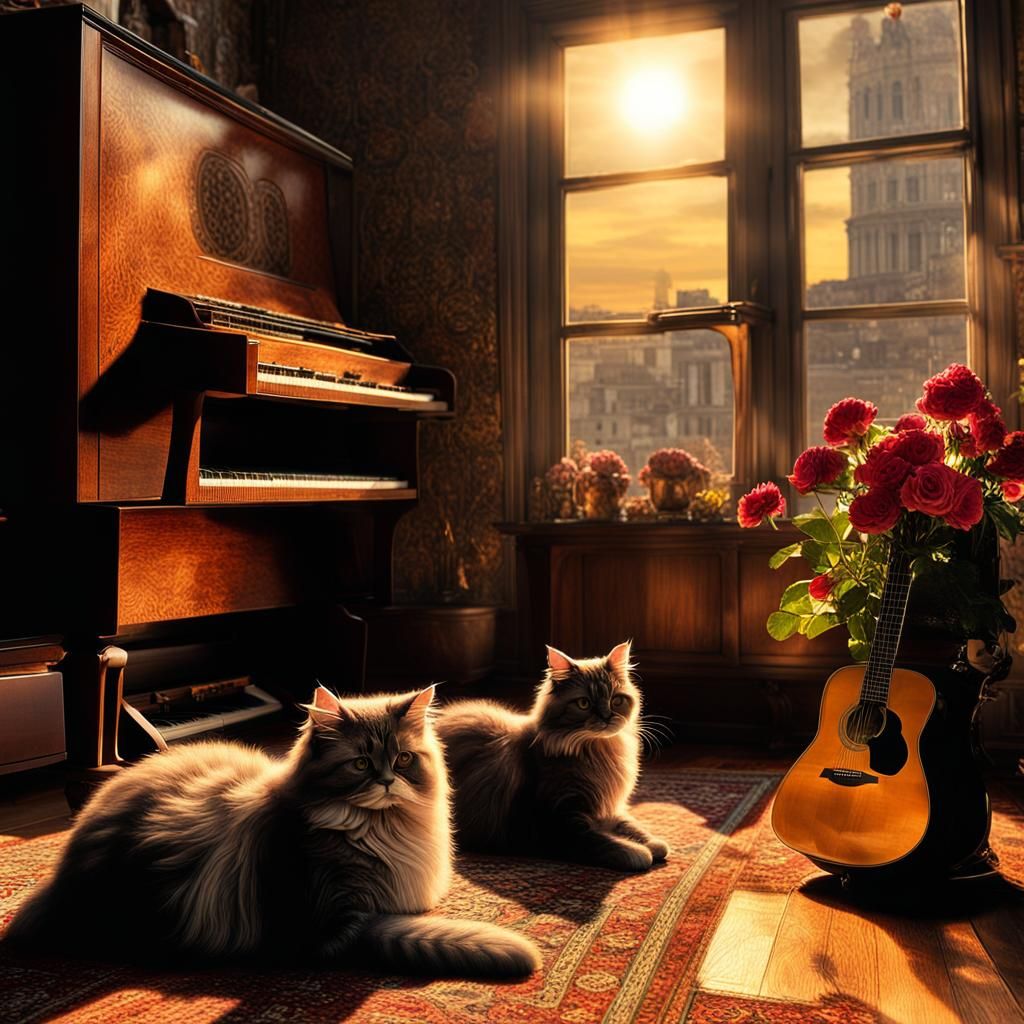 Persian Cats in Backlit Apartment with Rock Vinyls