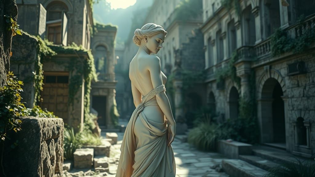 Marble Woman in Ancient Ruins, Photorealistic Style
