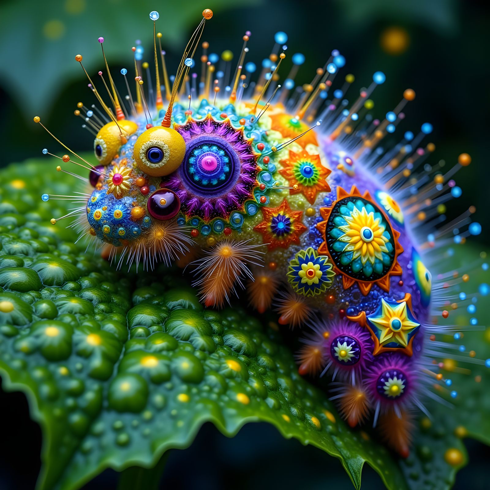 Kaleidoscopic Caterpillar on Fractal Leaf: Macro Shot