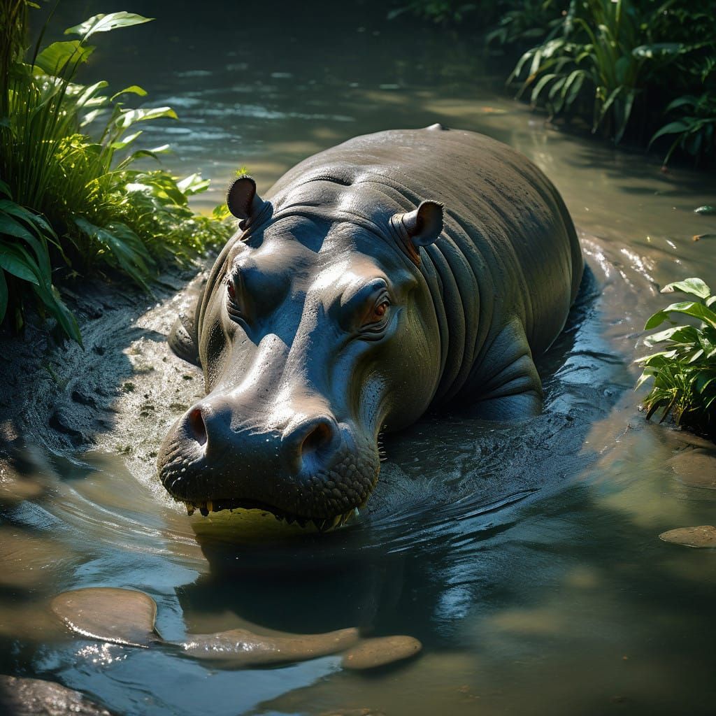 Majestic Hippopotamus in Serene Tropical Oasis