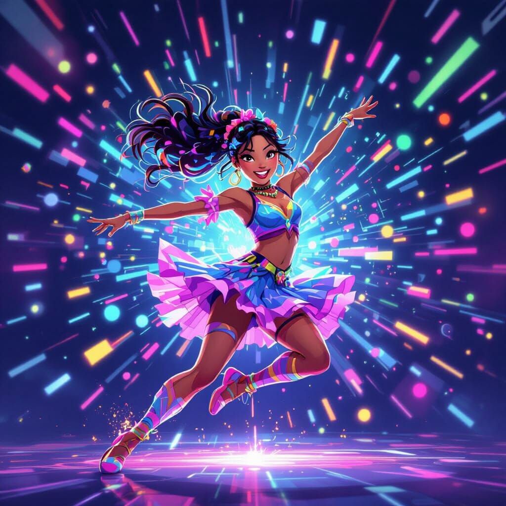 Energetic Dancer in Pixar Anime Style with Neon Glow