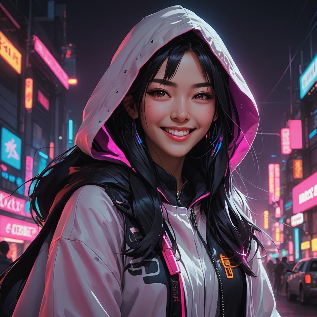 Cyberpunk Woman with Hooded Mantle in Neon