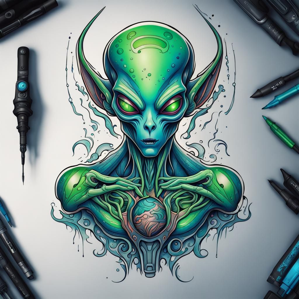 Alien Tattoo in New School Style, Detailed Ink Drawing