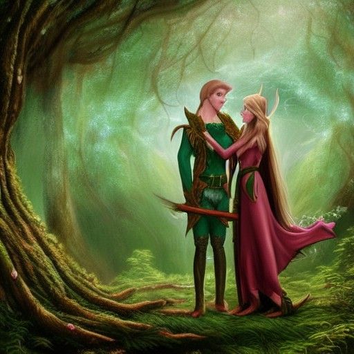 Elven Couple Meet in Magical Forest: Fantasycore Painting