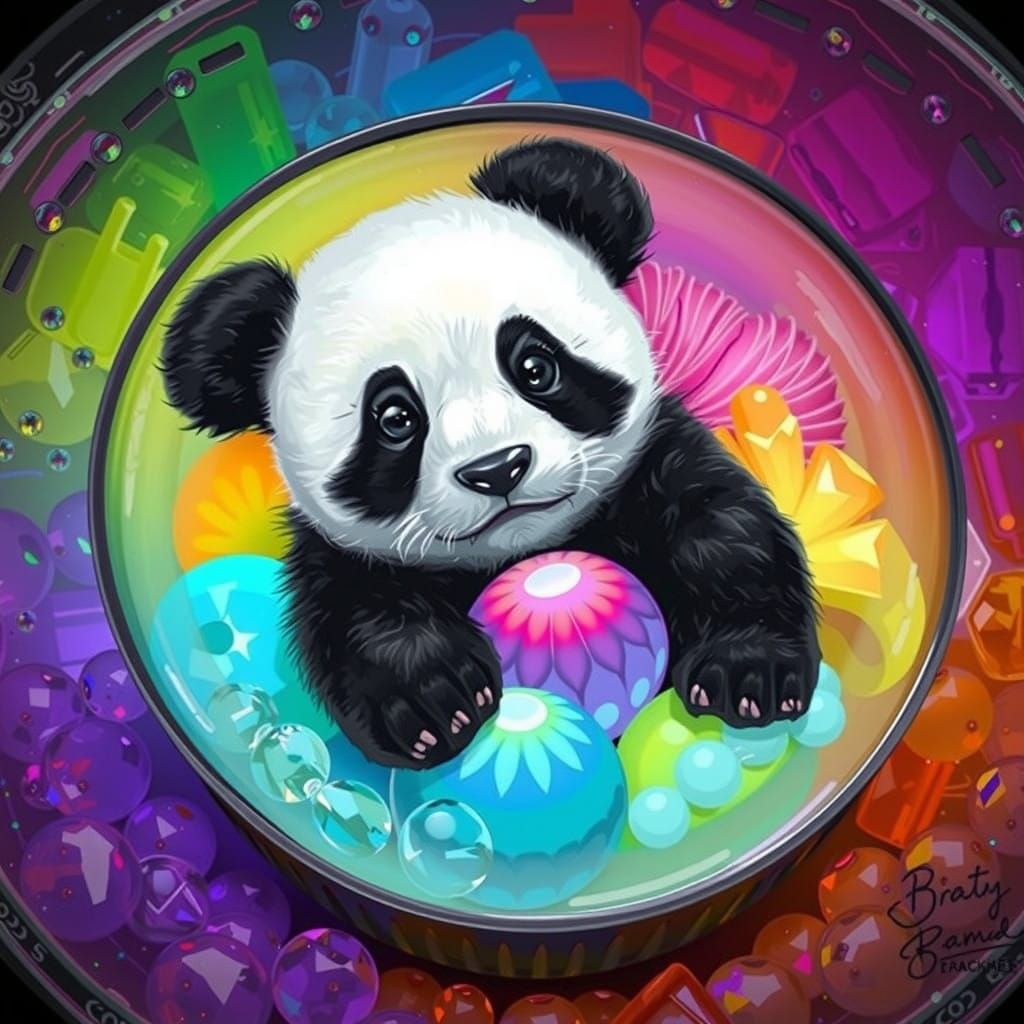 Whimsical Baby Panda Amidst Vibrant Glass Jewelry