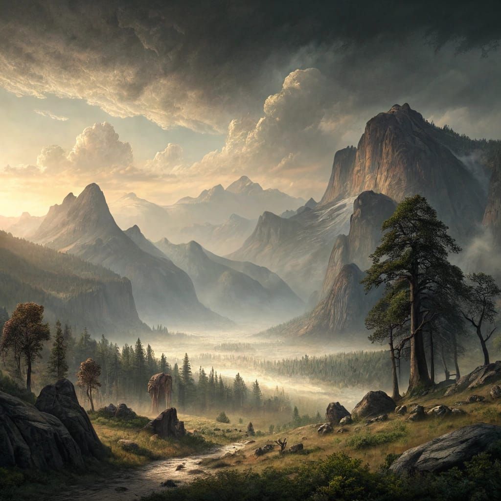 Surreal Misty Mountainscape in Photorealistic Impressionist ...