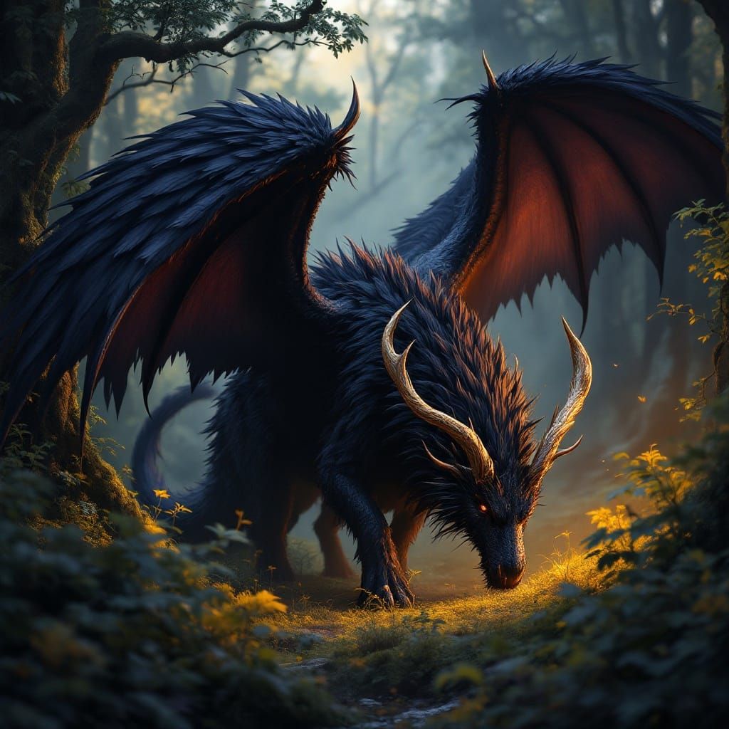Regal Black Deer Dragon in Velvety Fur with Majestic Antlers