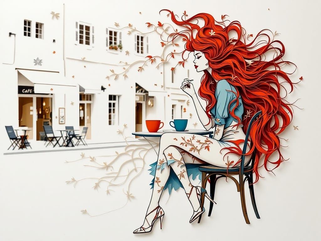 Ethereal Café Woman in Red Hair