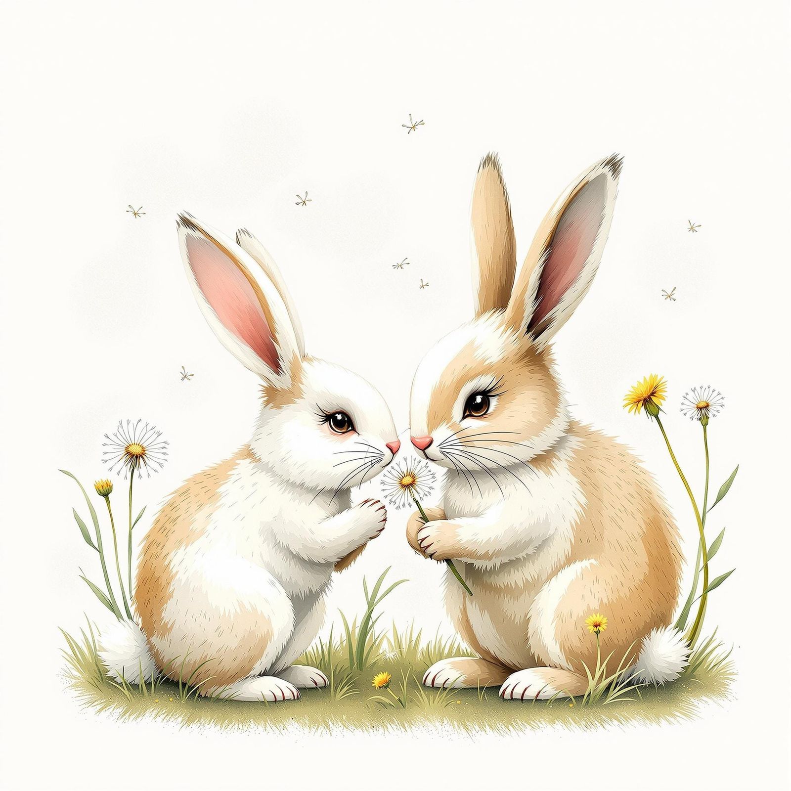 A Whimsical Bunny Sniffs a Dandelion in Gentle Hues