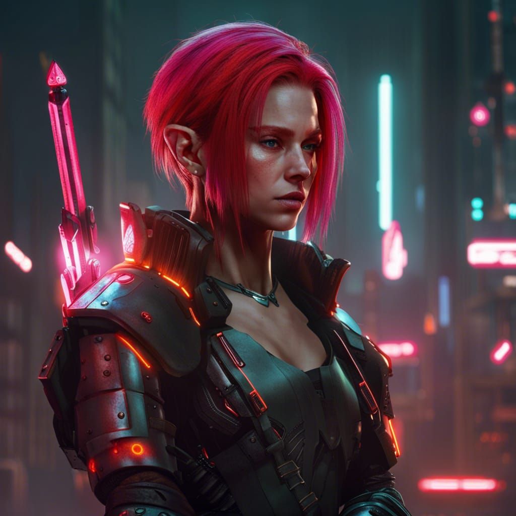 Cyberpunk Elf Warrior with Daggers in Neon City
