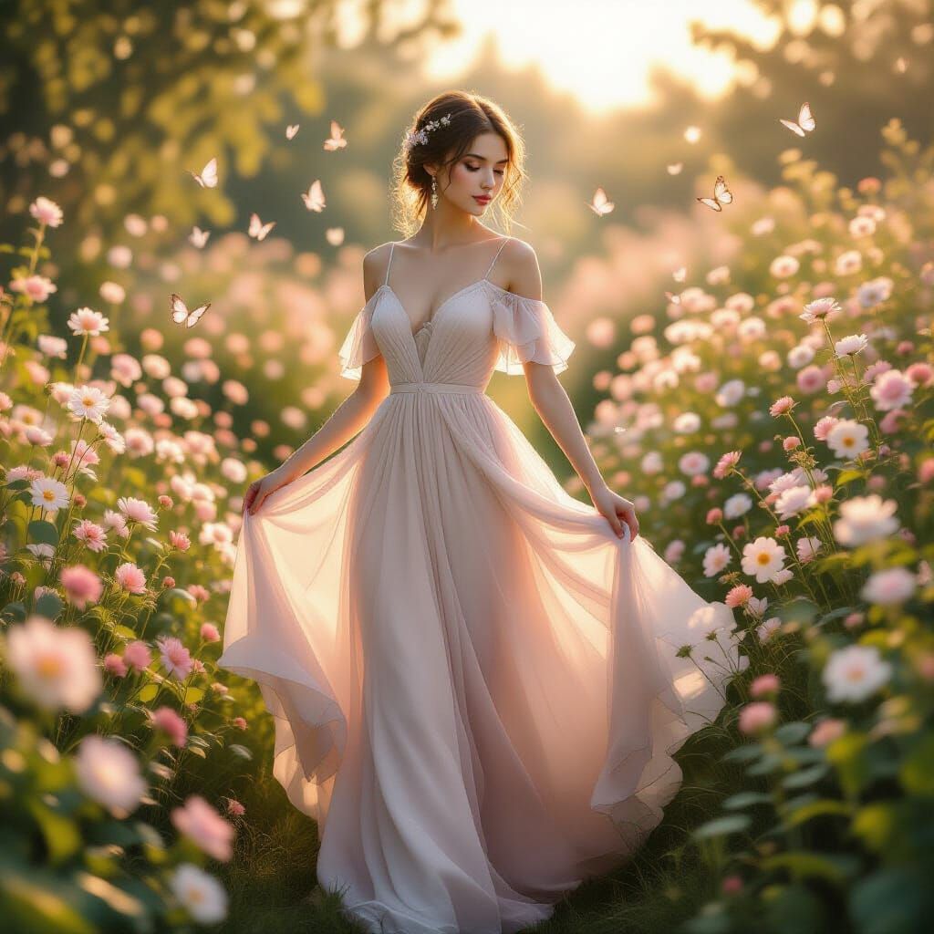 Ethereal Woman in Mystical Garden: Digital Art