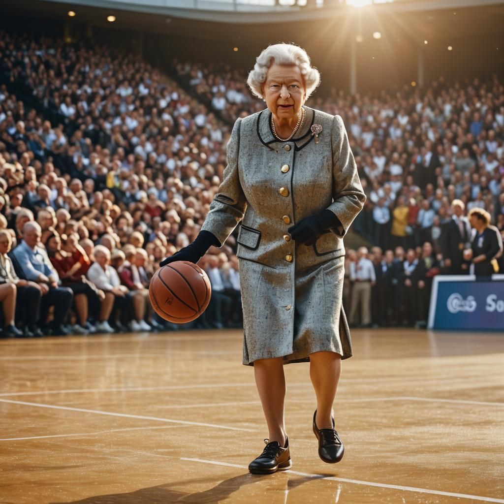 Queen Elizabeth Dribbling on Professional Basketball Court