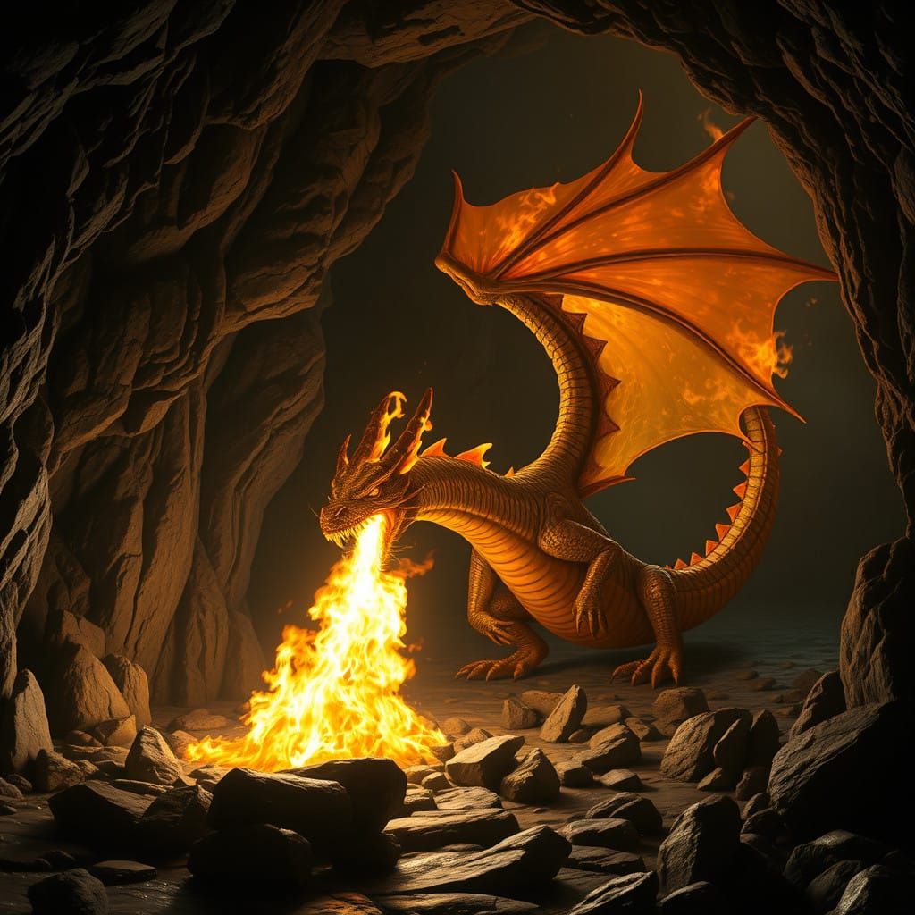 Dragon Spewing Flames in a Dark Cave of Jagged Rock