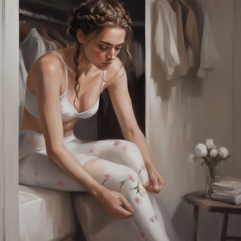 Woman in Closet: A Photorealistic Oil Painting