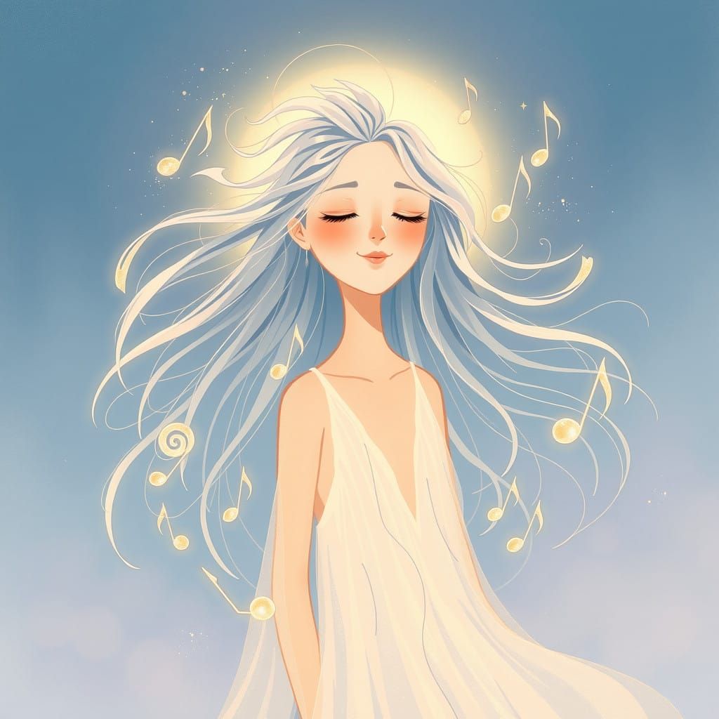 Whimsical Woman Surrounded by Celestial Sound Waves in a Dre...