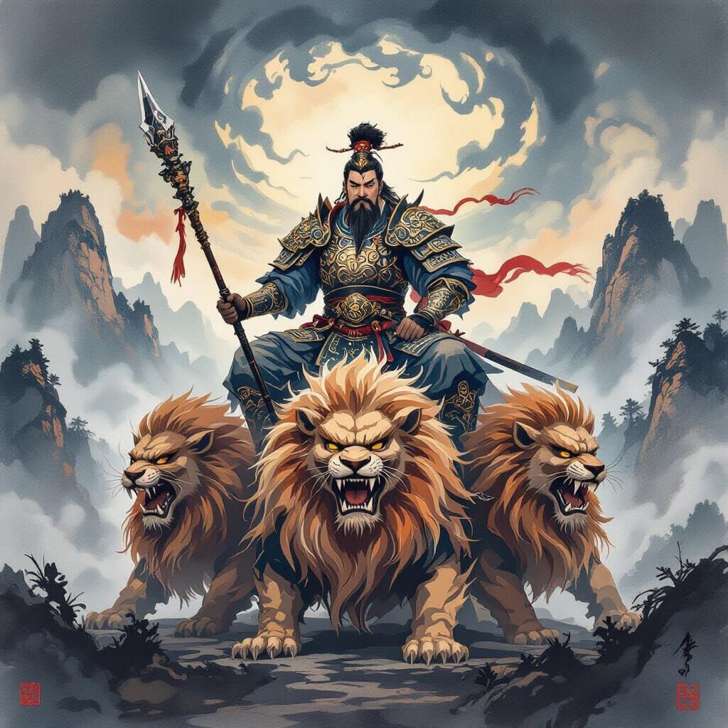 Zhong Tan Yuan Shuai on Nine-Headed Lion, Chinese Ink Wash