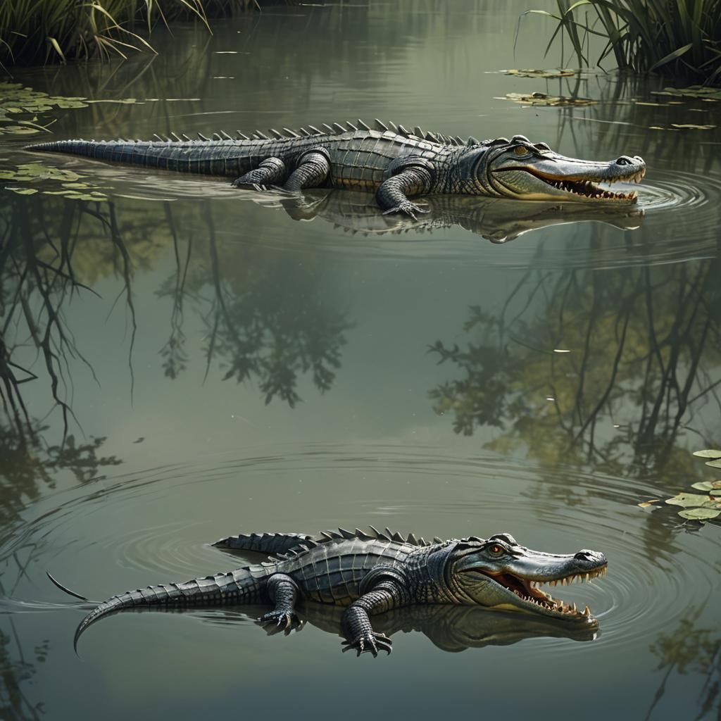 Alligator Floating in River: Detailed Matte Painting