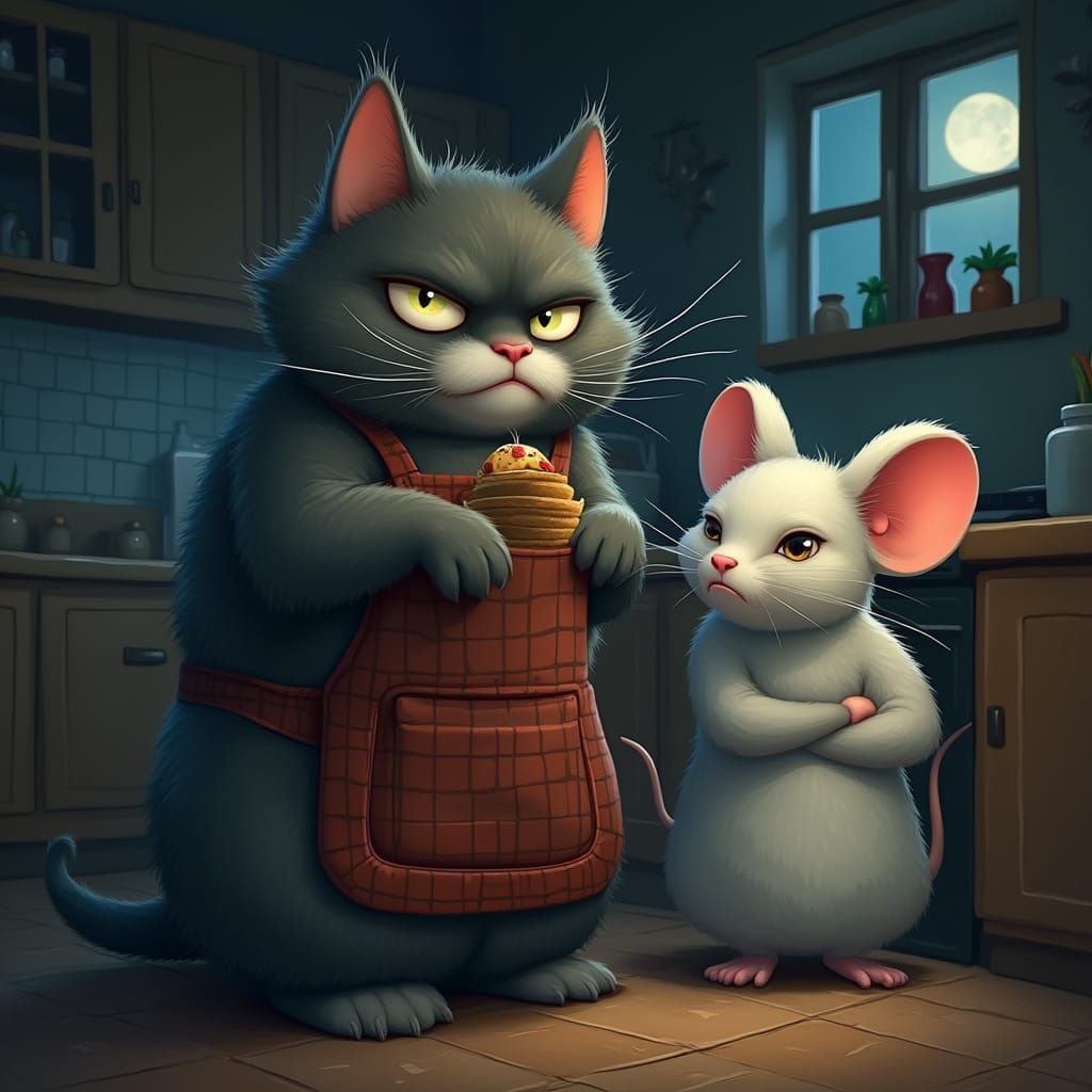 Grumpy Cat Midnight Snack in Cartoon Style