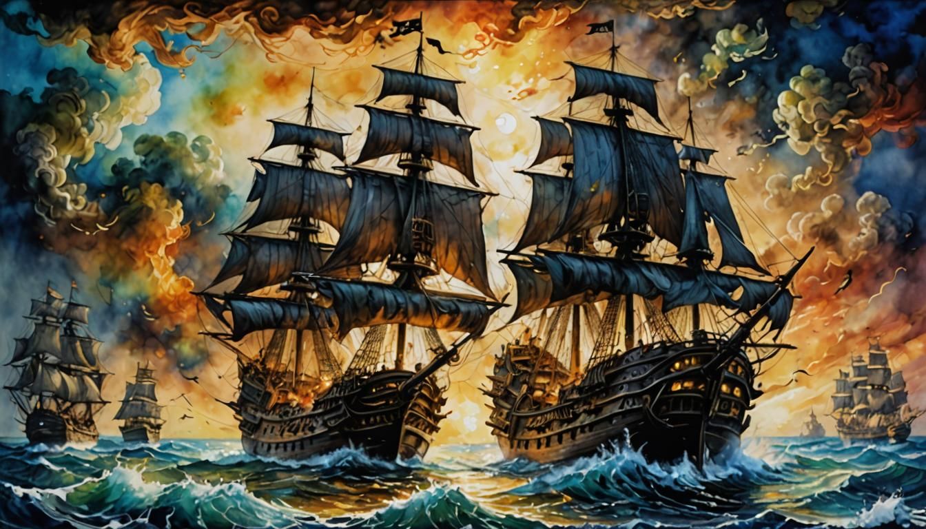 Pirate Attack on Galleon in Alcohol Ink Style