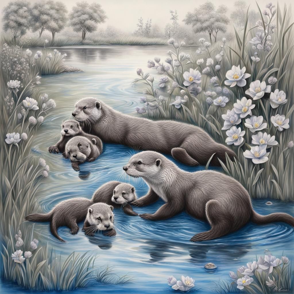 Otter Family in Spring, Hyperdetailed Charcoal Drawing