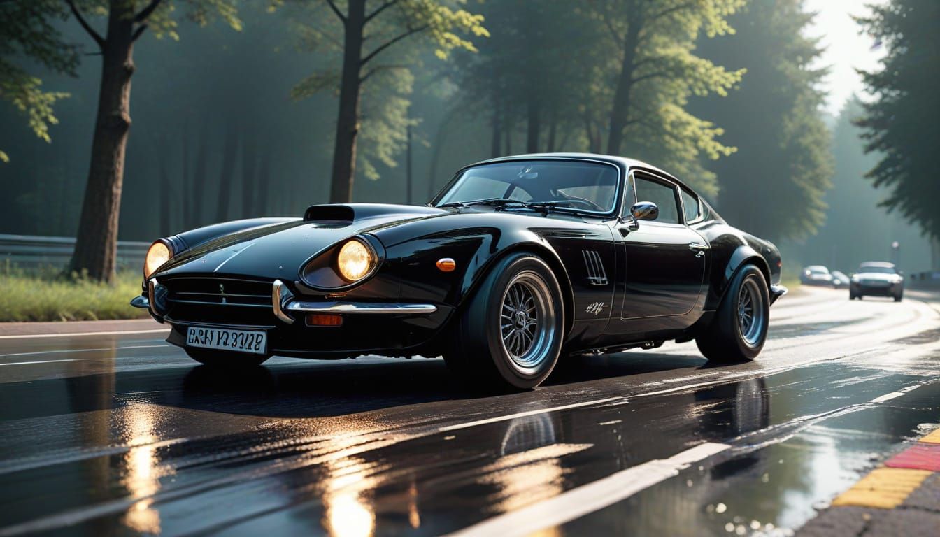 Retro Sports Car Speeds on Wet Nürburgring in Comic Style