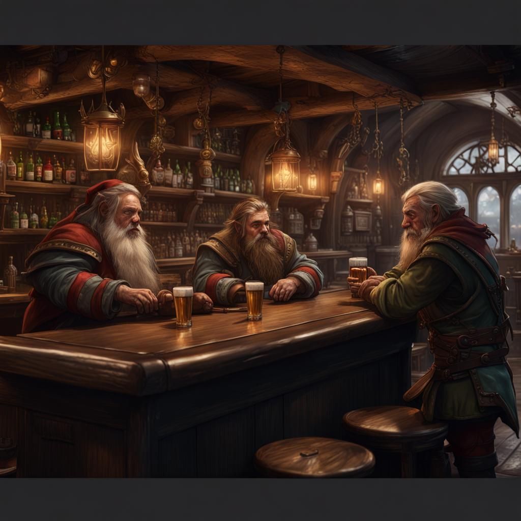 Fantasy Scene: Elf, Dwarf, and Halfling in Bar