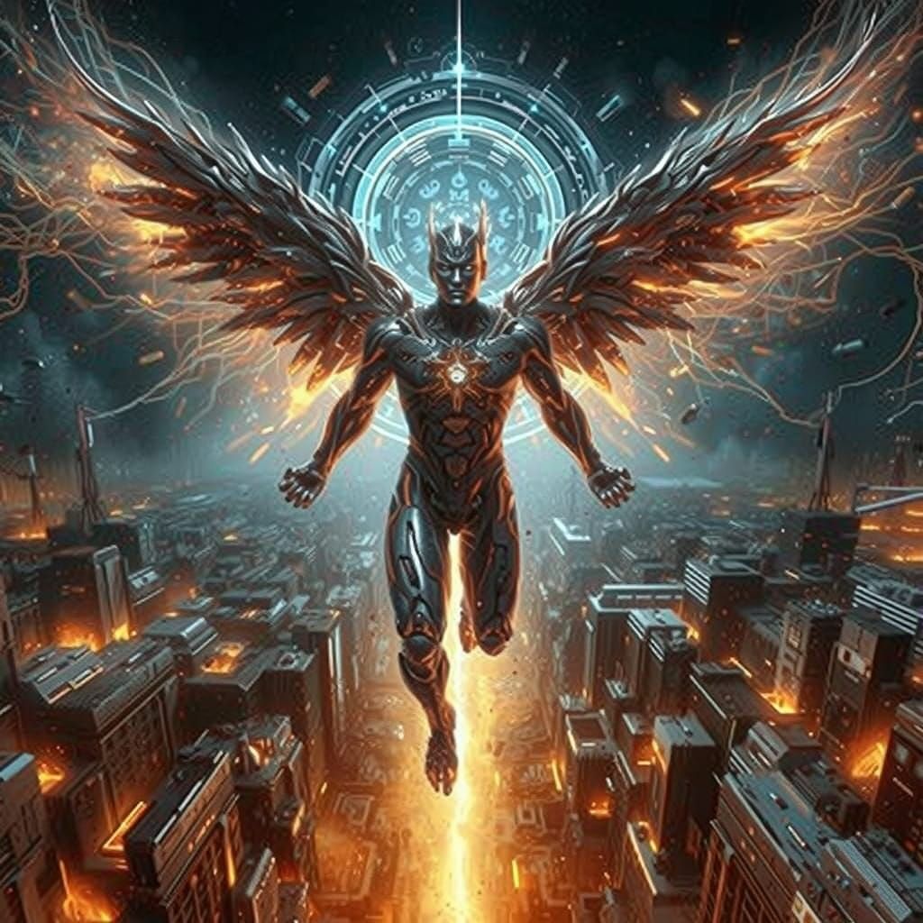 Cyberpunk Iron Man: Angel of Vengeance in Electric Fire