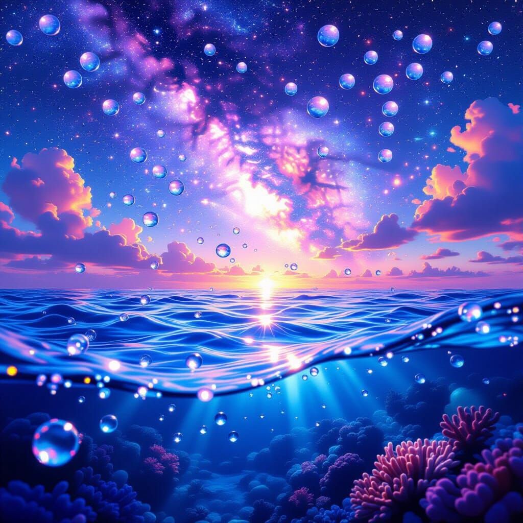 Ethereal Crystal Seascape Under Galaxy Sky