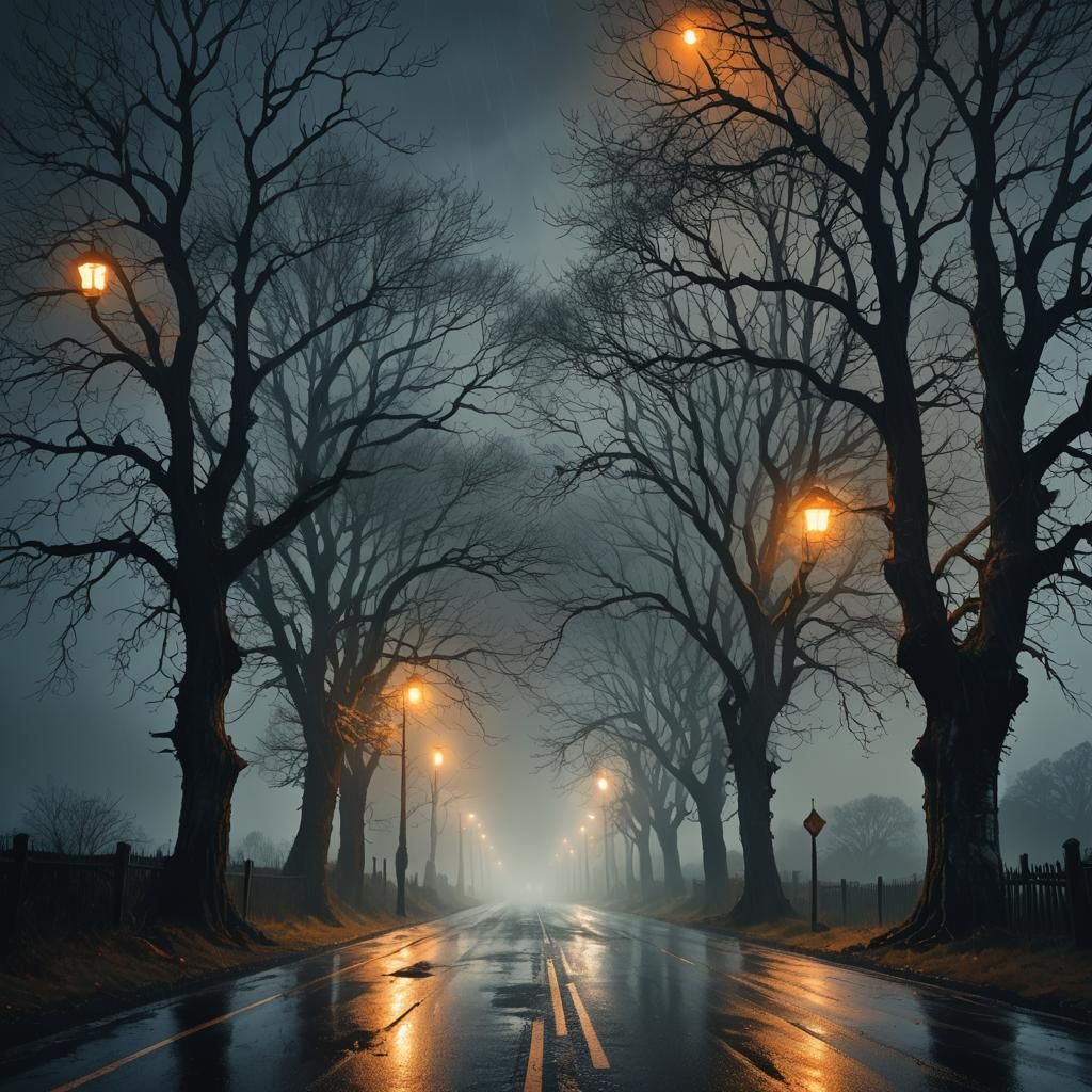 Eerie Car on Stormy English Road: Dark Fantasy Art