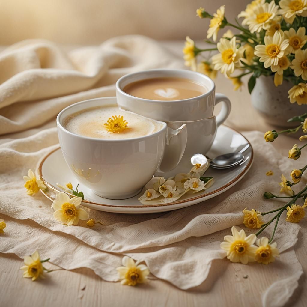 Warm Coffee Cup Still Life with Yellow Flowers
