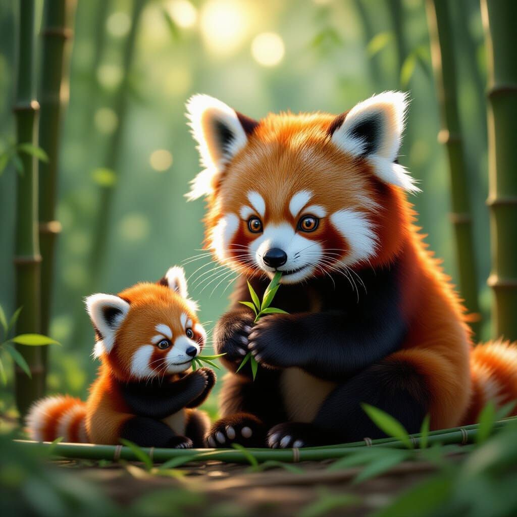 Red Panda Family Enjoying Bamboo in Lush Forest