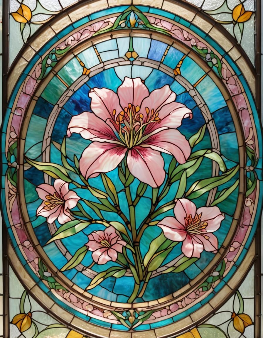Pink Oleander in Art Nouveau Stained Glass