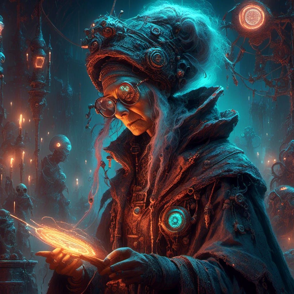 A futuristic old cyberpunk hag witch,