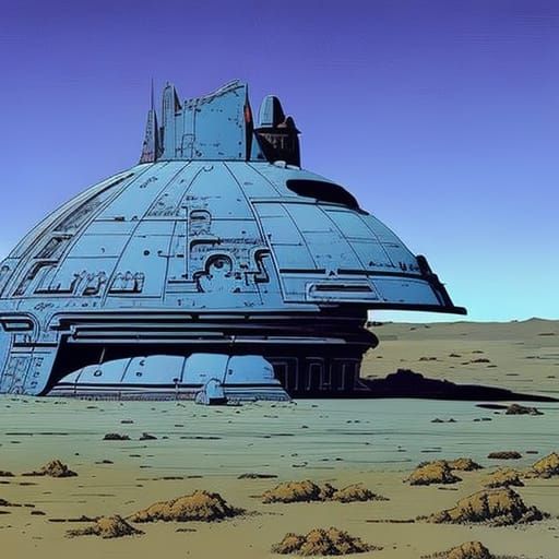 Wasteland Starship Wreckage in Comic Art Style