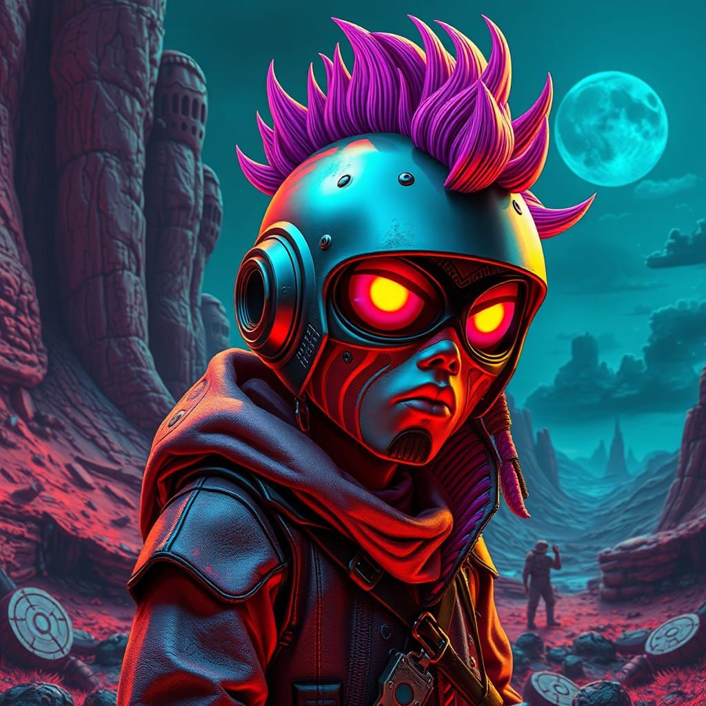 Punk Sticker Art Character in a Fantasy Landscape