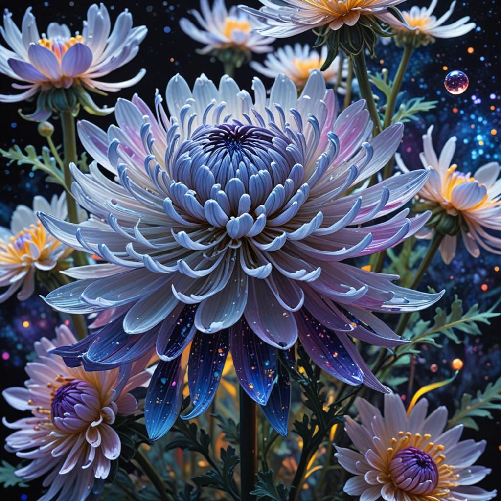 Surreal Chrysanthemum Blooms in Starry Night Sky with Radian...