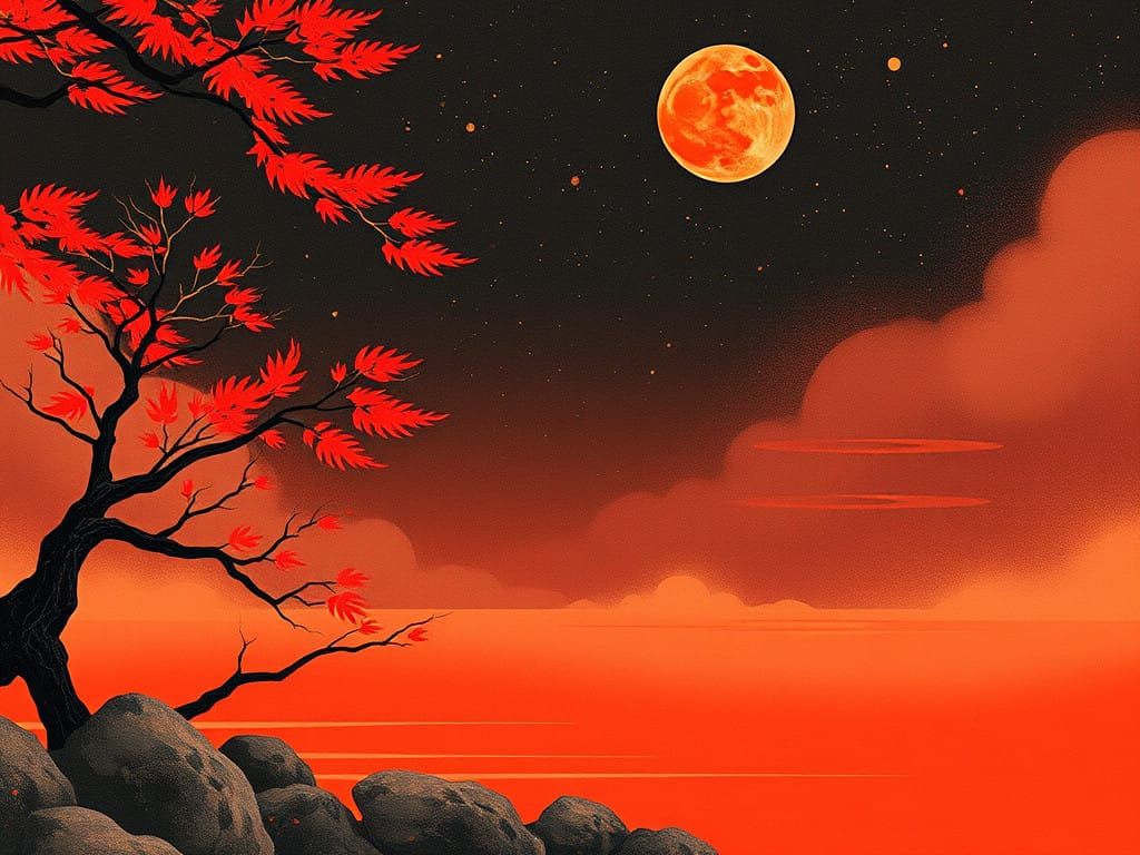 Ethereal Ukiyo-E Illustration in Crimson and Sienna