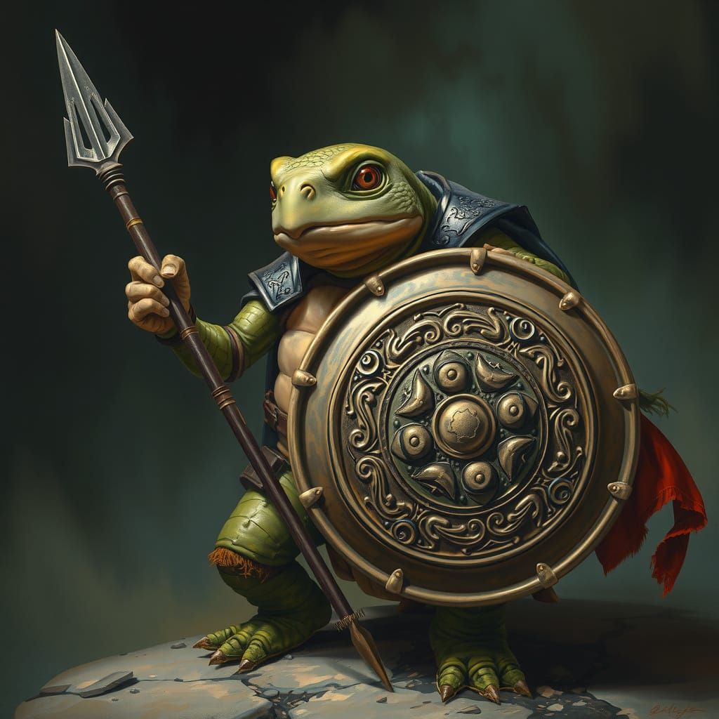 Medieval Turtle Warrior in Dark Fantasy Realm