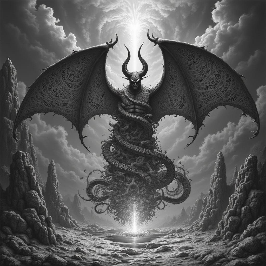 Towering Devil in Escher-Style Norse Landscape