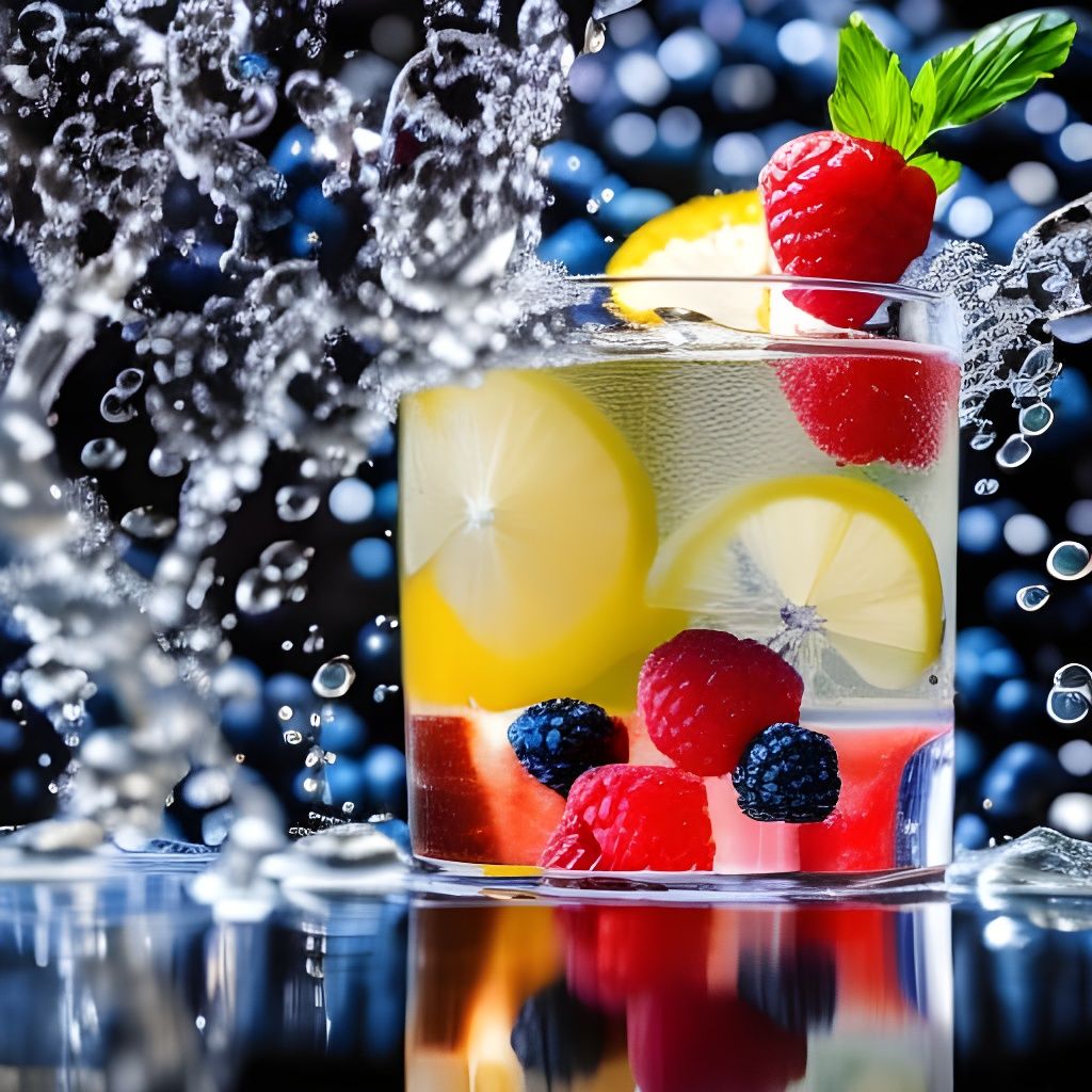 Sparkling Blue Fruit Juice with Floating Fruits and Ice