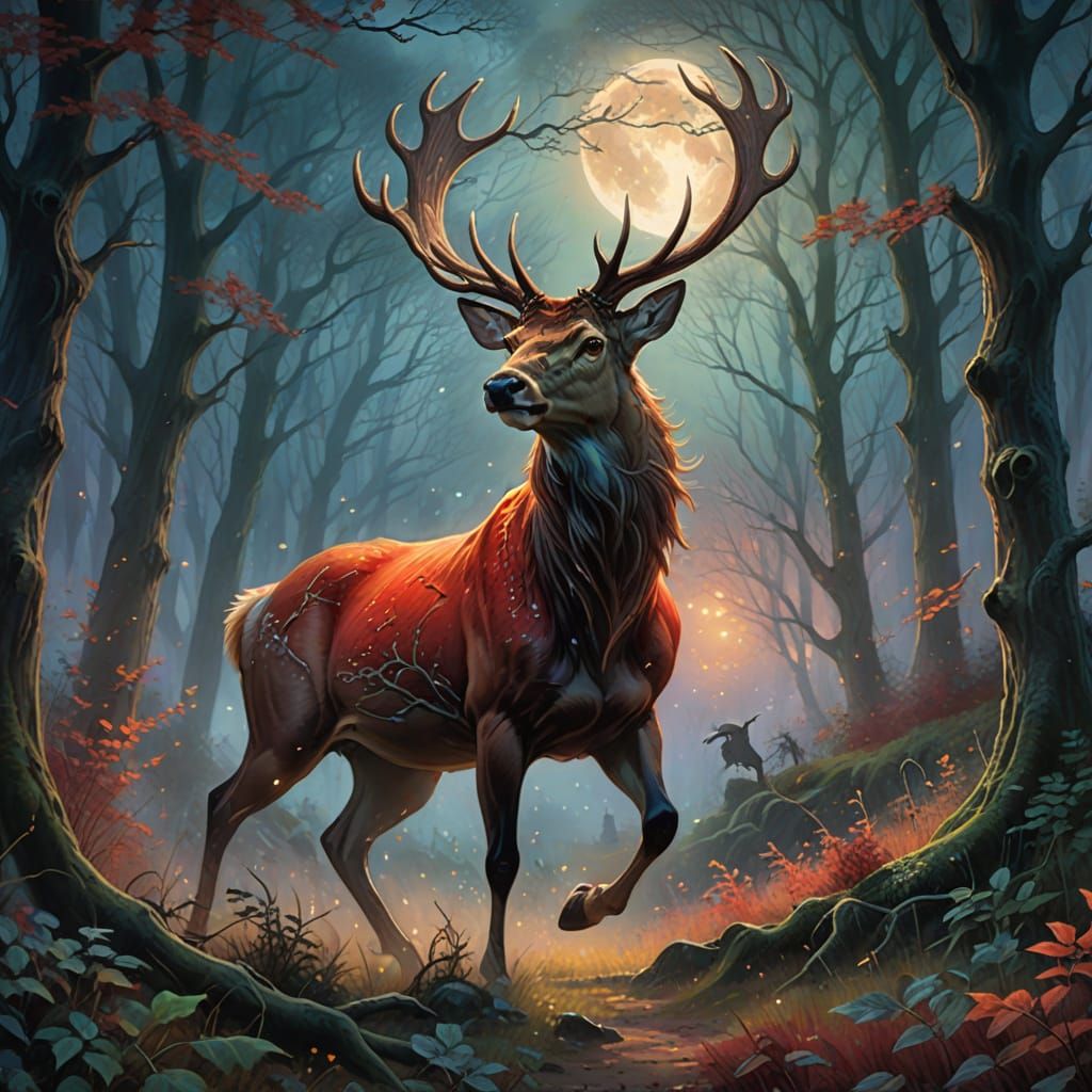 Ghostly Red Deer Stag in Ethereal Fantasy Landscape