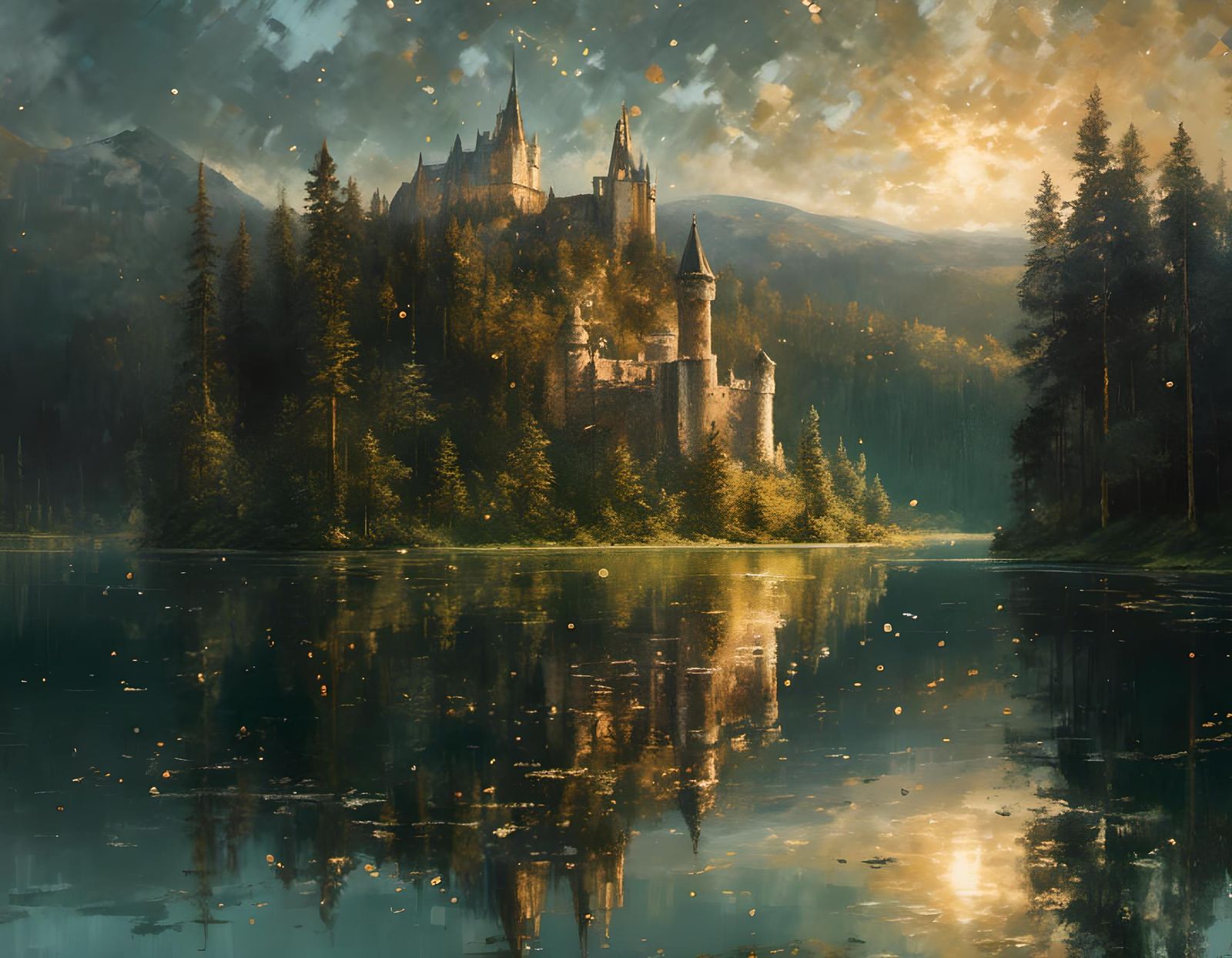 Dark Forest Lake Castle in Exquisite Painting Style