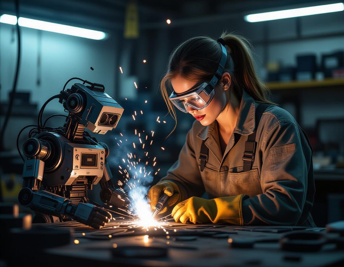 Woman Mechanic Repairs Robot in Gritty Workshop