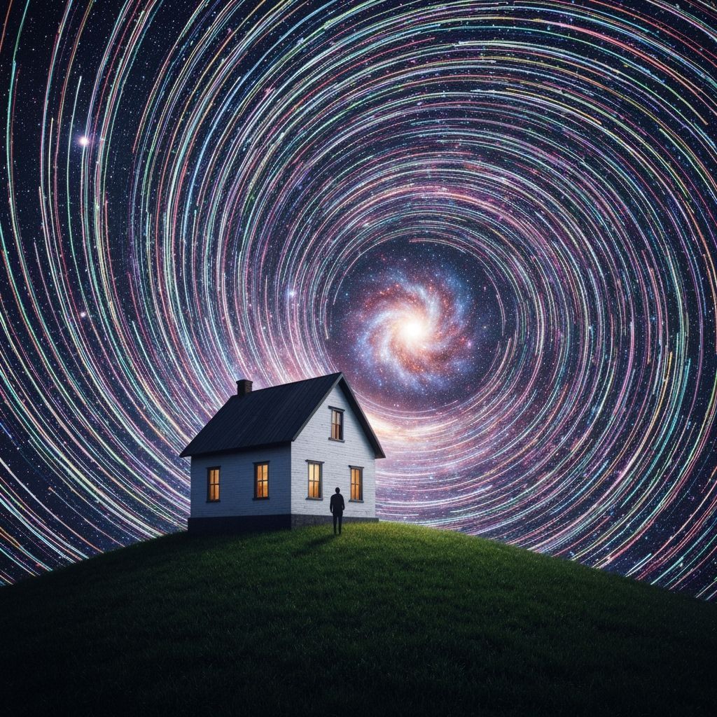 Cosmic Lights Vortex Over Surreal House on Hill