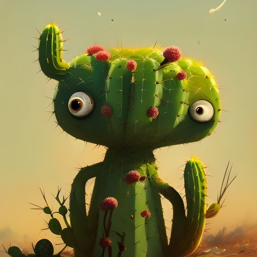 Cute Cactus Creature in Chibi Style Digital Art