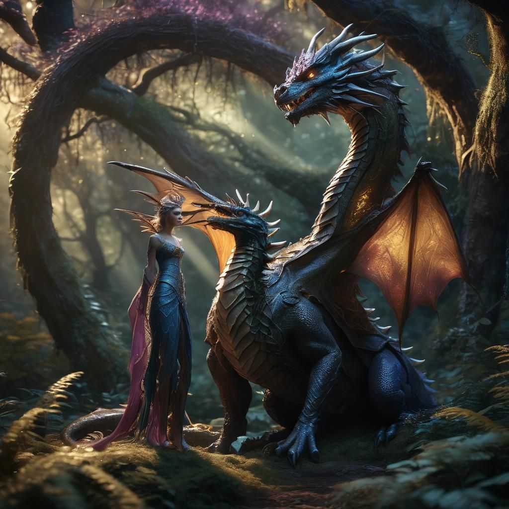 Dragon and String Fairy in Mystical Forest