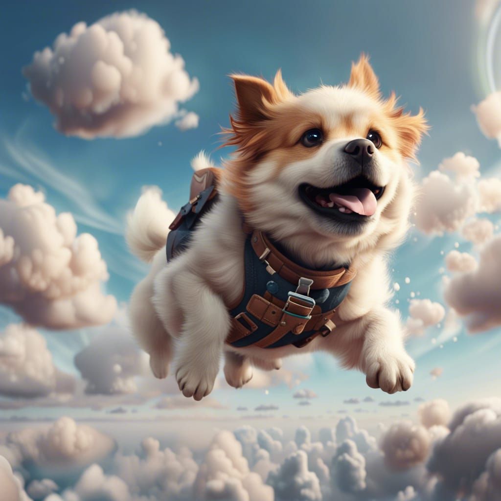 Cute Dog Jumping on Clouds: Fantasy Art