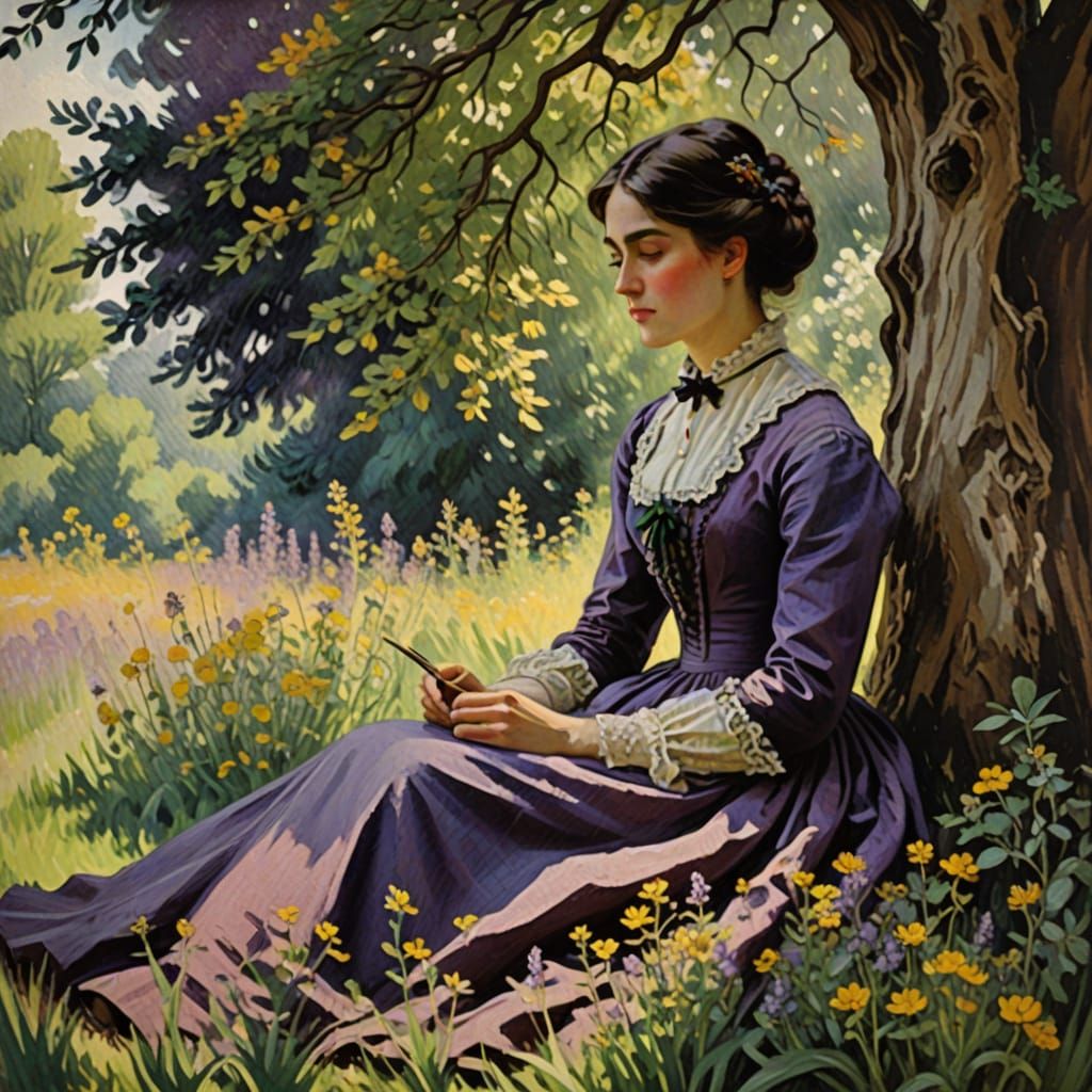 Woman in Field, Impressionistic Oil Painting