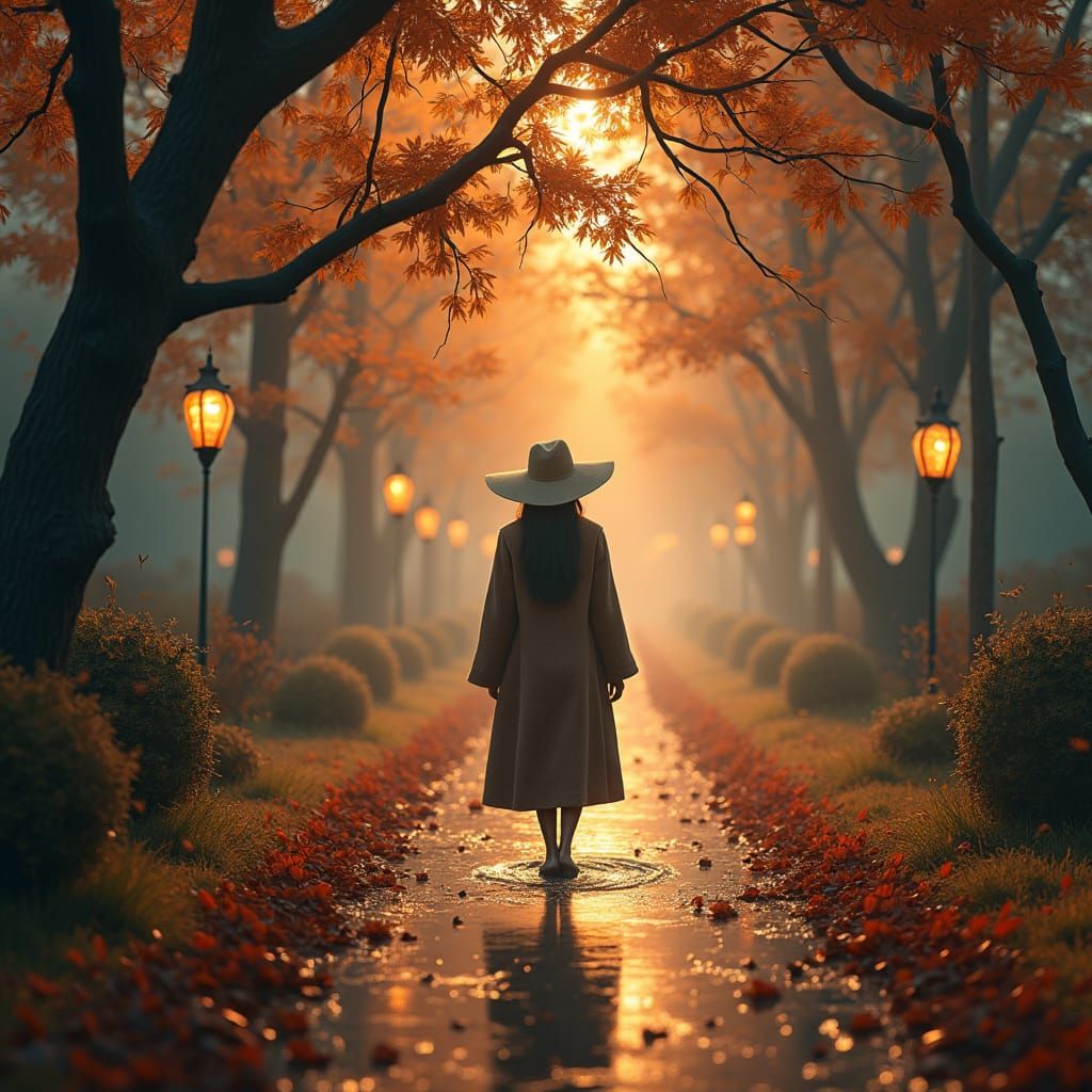 Autumn Park Scene in Dreamlike Matte Painting Style