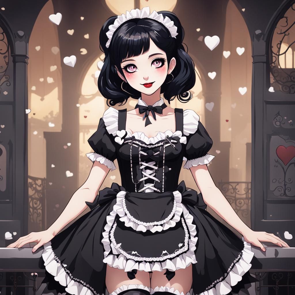 Happy Goth Maid with Heart Accents